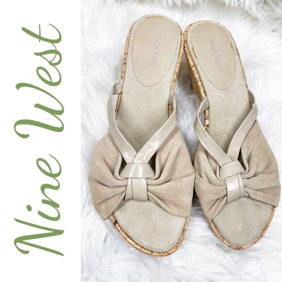 NINE WEST GELPIR SUEDE OPEN TOE CORK WEDGE SANDAL BEIGE NEUTRAL, SIZE 7 - Picture 1 of 9